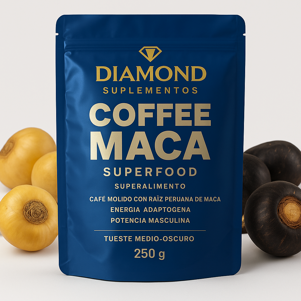 Café Molido con Raíz Peruana de Maca | Energía Adaptógena | Equilibrio Hormonal y Bienestar Mental | Tueste Medio-Oscuro Filtrado | 250 g – Coffee Maca Diamond Supps (Azul)