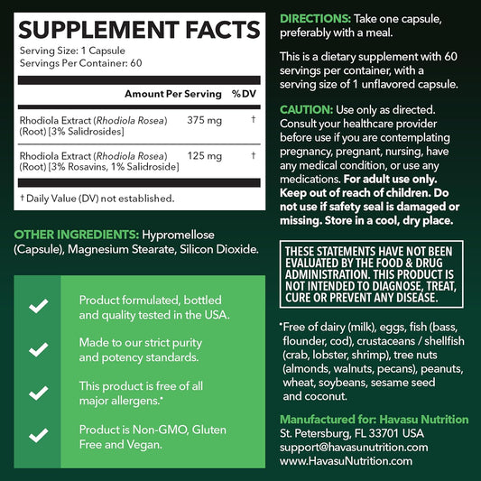 Rhodiola Rosea Supplement - Herbal Adaptogen for Mental and Physical Performance Support (3% Salidrosides, 3% Rosavins Extract) - 60 Count - Vegan, Non-Gmo, and Gluten-Free Capsules - 2 Month Supply