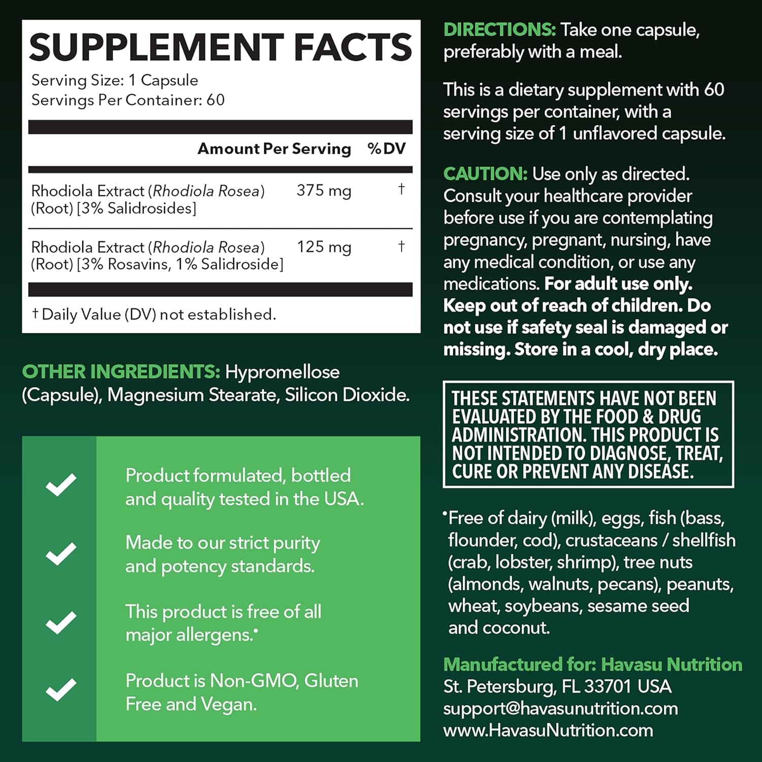 Rhodiola Rosea Supplement - Herbal Adaptogen for Mental and Physical Performance Support (3% Salidrosides, 3% Rosavins Extract) - 60 Count - Vegan, Non-Gmo, and Gluten-Free Capsules - 2 Month Supply