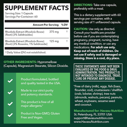 Rhodiola Rosea Supplement - Herbal Adaptogen for Mental and Physical Performance Support (3% Salidrosides, 3% Rosavins Extract) - 60 Count - Vegan, Non-Gmo, and Gluten-Free Capsules - 2 Month Supply